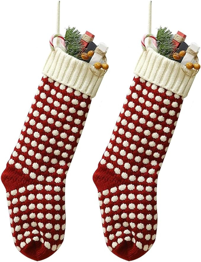 Christmas Stockings,Big Size 18-Inch Extra Long Hand-Knitted Red/Green Reindeer Snowflakes Xmas C... | Amazon (US)