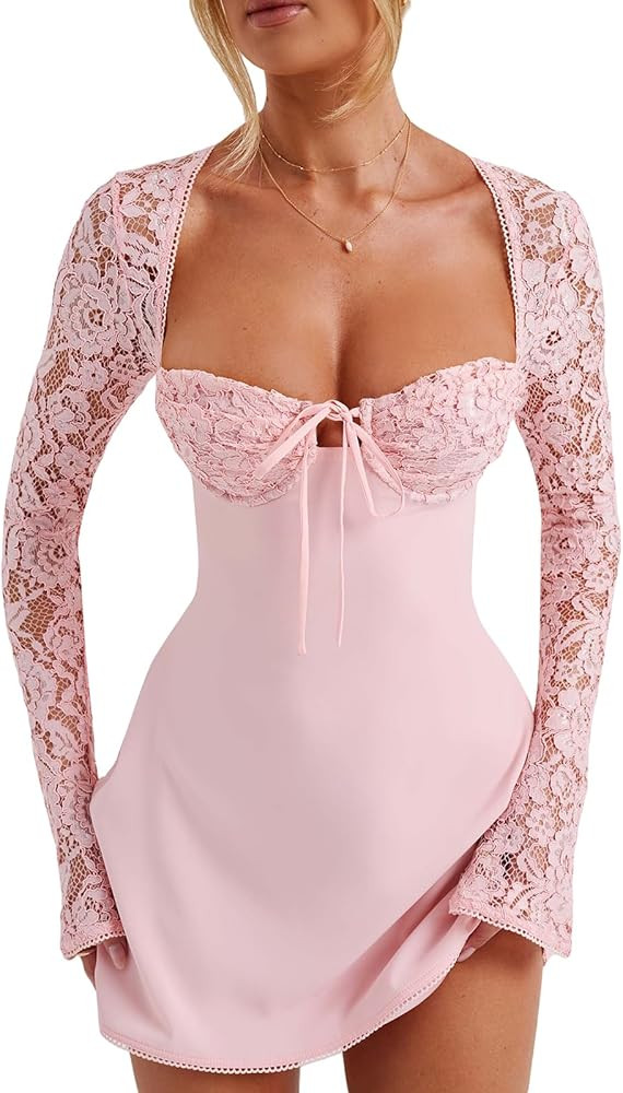 Women Low Cut Mini Dress Solid Color Lace Floral Long Sleeve Backless Lace Up Short Dress Bodycon... | Amazon (US)