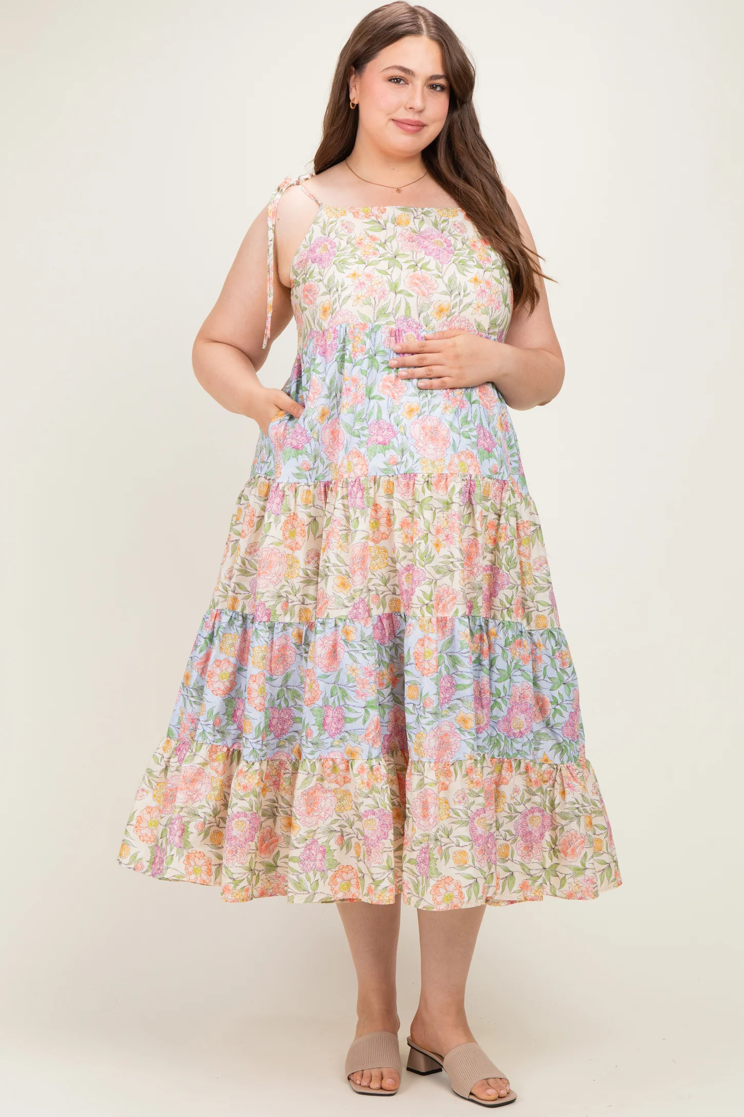 Pink Floral Colorblock Tiered Maternity Plus Maxi Dress | PinkBlush Maternity