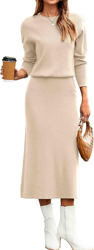 Glamaker Womens 2 Piece Skirt Sets Fall Long Sleeve Sweater Dress Casual Knit Midi Dress Travel O... | Amazon (US)