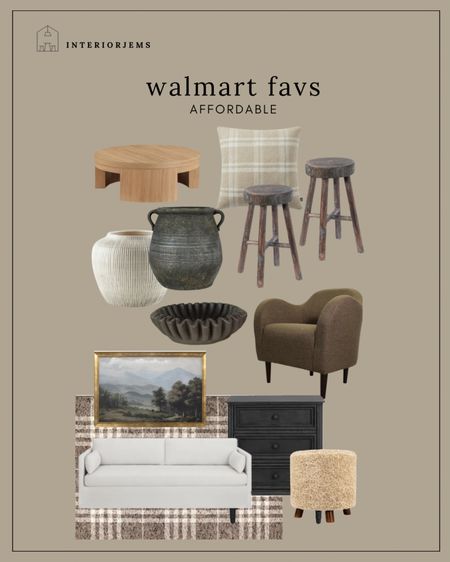 Our favorite furniture decor from Walmart, affordable, living room, furniture, slipcovered sofa, ottoman, brown lounge, chair, set of rustic stools, rustic vase, large vase, small vase, throw pillow only $16, framed art

#LTKHome #LTKSaleAlert #LTKStyleTip