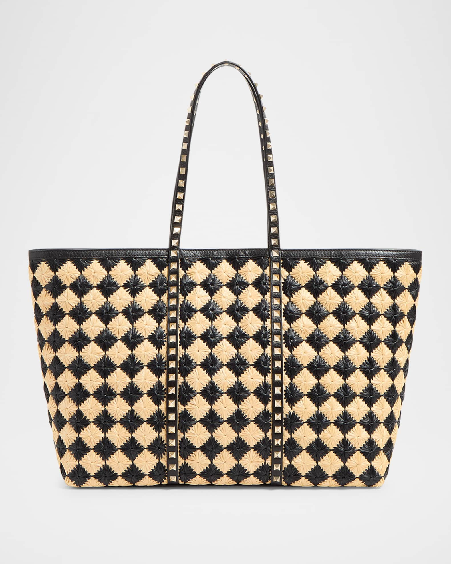 Rockstud Embroidered Raffia Shopping Tote Bag | Neiman Marcus