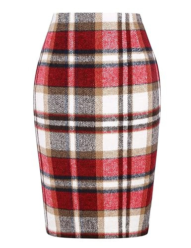 Christmas Skirt for Womens Gifts for Christmas Outfits Clothes 2025 Fashion Red Plaid Dress Wool Midi Knee Length Pencil Red Plaid Skirt, Wine, M | Amazon (US)
