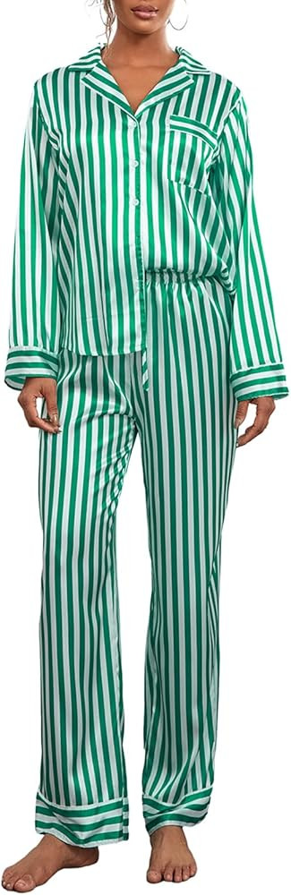 NUFIWI Women Christmas 2 Piece Pajamas Set Striped Printed Long Sleeve Button Down Shirt and Pant... | Amazon (US)