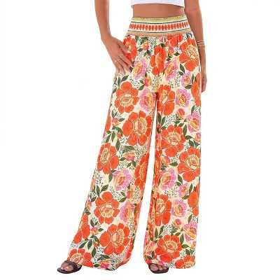 Women's Boho Floral Bagyy Pants Wide Leg Smocked Waist Loose Palazzo with Pockets | Target