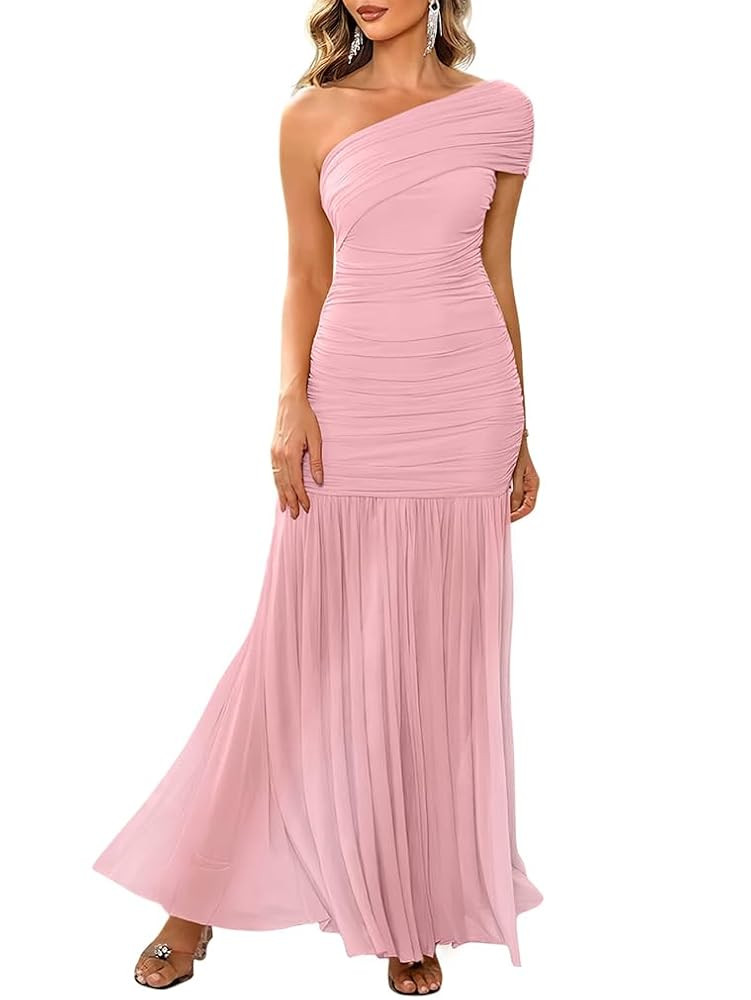 LAGSHIAN Women's Elegant Formal Long Dress One Shoulder Sleeveless Ruched Bodycon Evening Dress | Amazon (US)