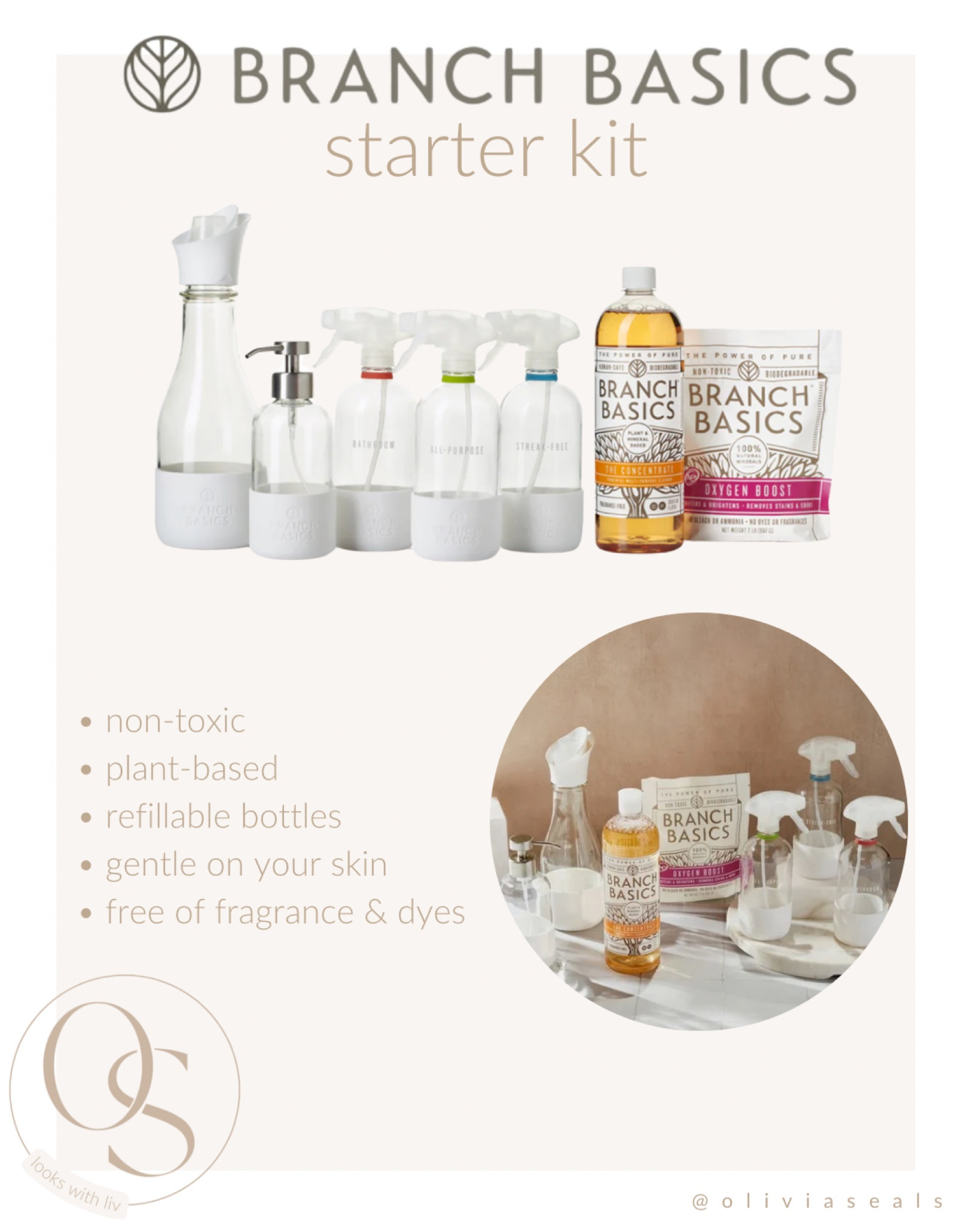 Branch Basics Glass Starter Kit. Here’s why you should make the switch from your standard household cleaning products full of harmful chemicals to Branch Basics:

	•	Non-toxic and safe
	•	Versatile cleaning concentrate
	•	Plant-based ingredients
	•	Refillable bottles
	•	Certified by Made Safe
	•	Gentle yet effective
	•	Suitable for sensitive skin
	•	Reduces plastic waste
	•	Fragrance-free and dye-free
	•	Eco-friendly cleaning solutions

#LTKHome