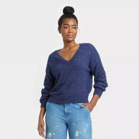 Women's V-Neck Pullover Sweater - Universal Thread™ Navy Blue S | Target