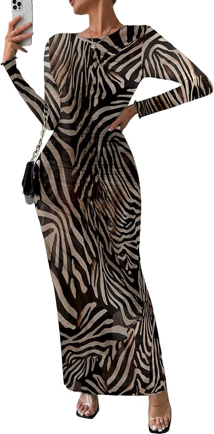 MARZXIN Women Long Sleeve Maxi Dress Bodycon Ruched Formal Slim Fit Tie Dye Dress Formal Mesh Dre... | Amazon (US)