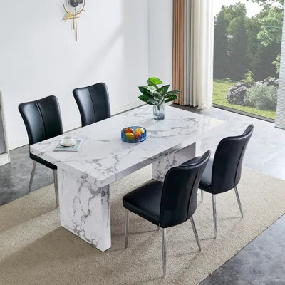 Dining Table Set, Marble Dining Table Set For 4, 63" White Marble Pattern MDF Tabletop And Legs, 4 PU Leather Kitchen Chairs With Chrome Plated Metal  | Wayfair North America