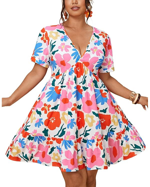 Amazon.com: YAMQETKO Plus Size Summer Dresses for Women Casual Short Sleeves V Neck A Line Midi D... | Amazon (US)