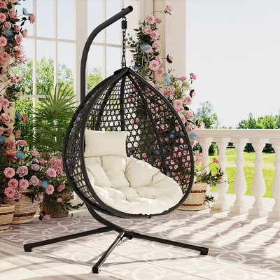 Modern Hanging Basket Egg Chair with Stand, Indoor & Outdoor Wicker Swing Chair with Soft Cushion & Headrest, Black Frame + Beige Cushion - ModernLuxe | Target