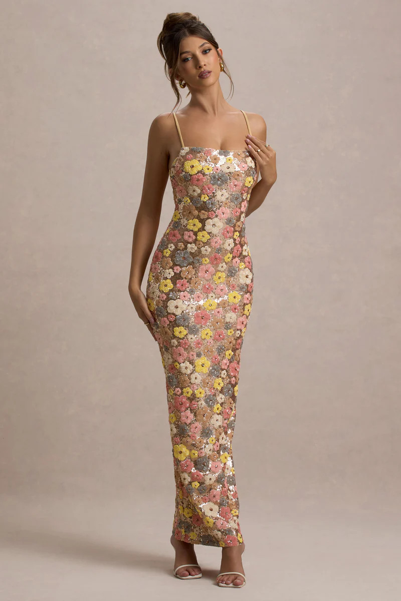 Vitora  Pastel Floral Print Embellished Sequin Square-Neck Maxi Dress | Club L London
