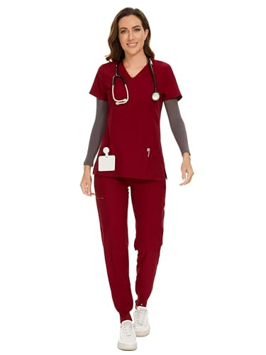 COZYFIT Scrubs for Women Set - Stretch V-Neck Scrub Top & Jogger Pant with 8 Pockets, Yoga Waistband, Slim Fit COZY SCRUBS - Burgundy, 5XL, Tall | Amazon (US)