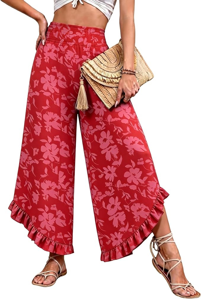 IEEILULU Wide Leg Pants for Women - Beach Pants for Women Flowy Floral Palazzo High Waisted Pants... | Amazon (US)