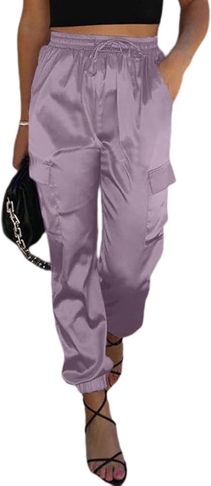 EVALESS Satin Joggers for Women Drawstring Elastic High Waist Straight Leg Cargo Pants Long Loung... | Amazon (US)