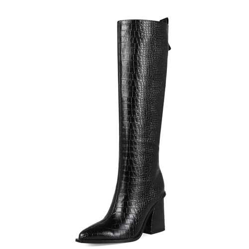 YYBYYB Black Boots for Women Knee High Tall Boots Block Chunky Heel Fall Boots Pointed Toe with Side Zip Sexy Crocodile 9.5 | Amazon (US)
