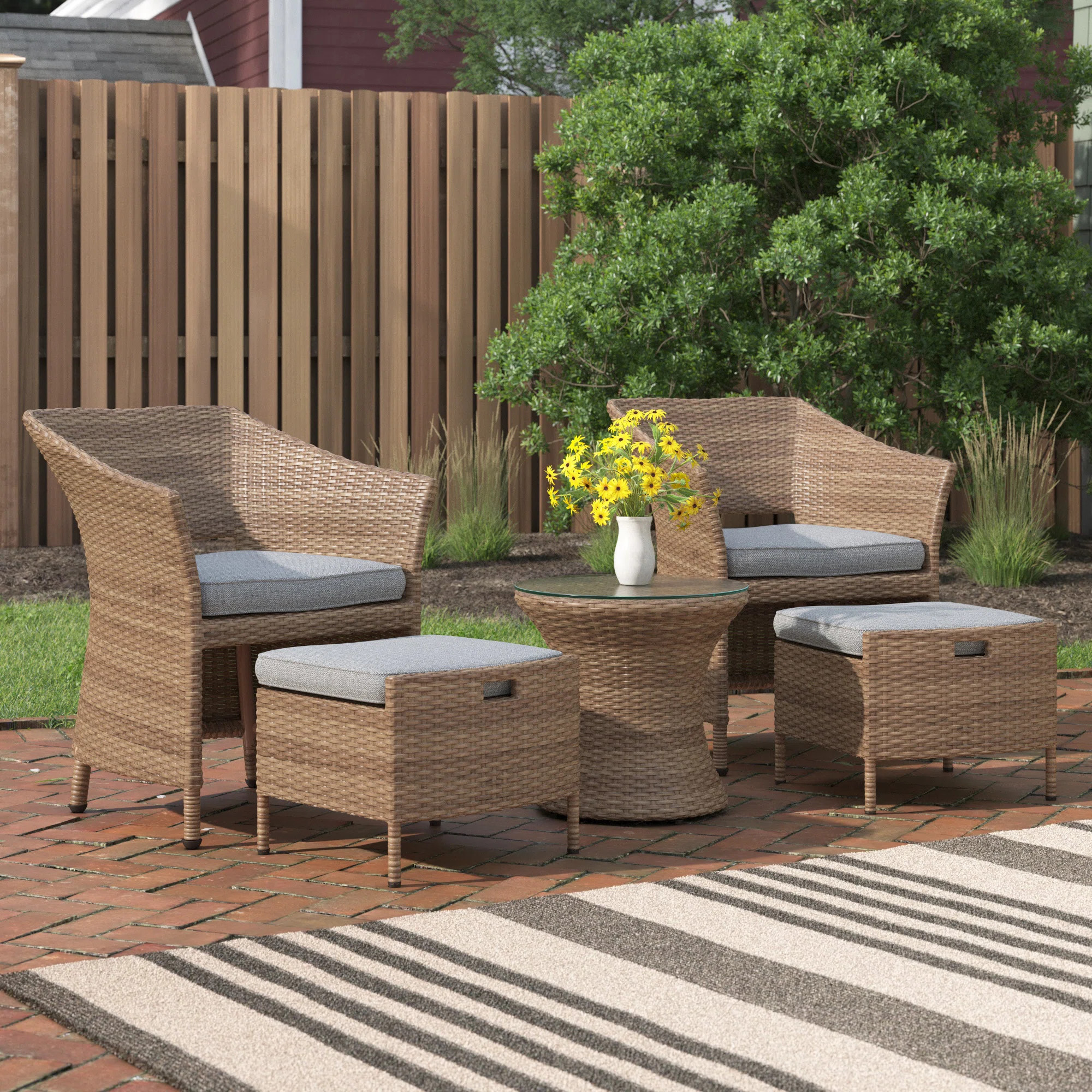 Andover Mills™ Acuna All-Weather 5 Pc Outdoor Set with 17"H Accent Table With Glass Top 2 Chair... | Wayfair North America