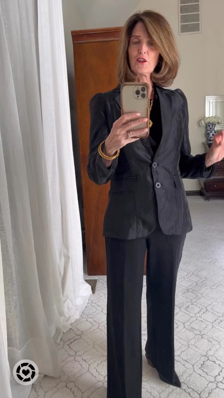 Live this sheer black blazer from Anthropologie. Wearing a small. Pants are from Anthropologie size 2, they run large size down one size.

#ootd #fashion #style #fashionstyle #fashionover50
#fashionover60 #over60style #agelessbeauty

#LTKover40 #LTKstyletip #LTKworkwear