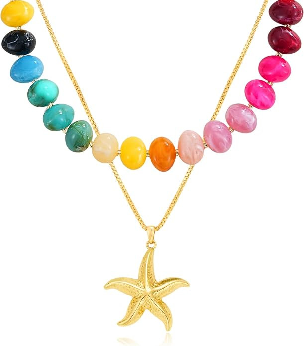 Chunky Colorful Beaded Necklace for Women Trendy Multicolor Pebble-shaped Beads Choker Gold Penda... | Amazon (US)