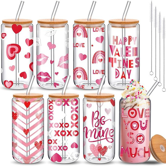 Umigy 8 Pcs 16oz Ice Coffee Cup with Bamboo Lids and Glass Straw Valentine's Day Gift for Her Hea... | Amazon (US)