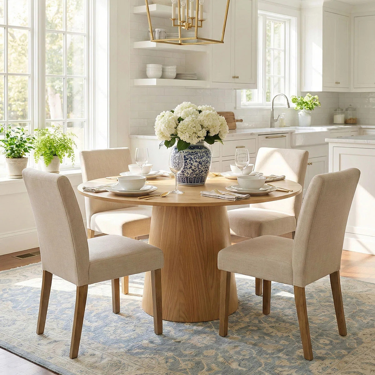 Westcliffe 4 - Person Dining Table Sets With 52'' Round Table & 4 Upholstered Linen Chairs | Wayfair North America