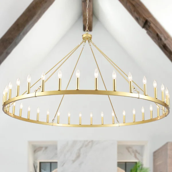 Nazavier 60 in. 36 Light Large Dimmable Wagon Wheel Chandelier Rustic Farmhouse Candle Round Indu... | Wayfair North America