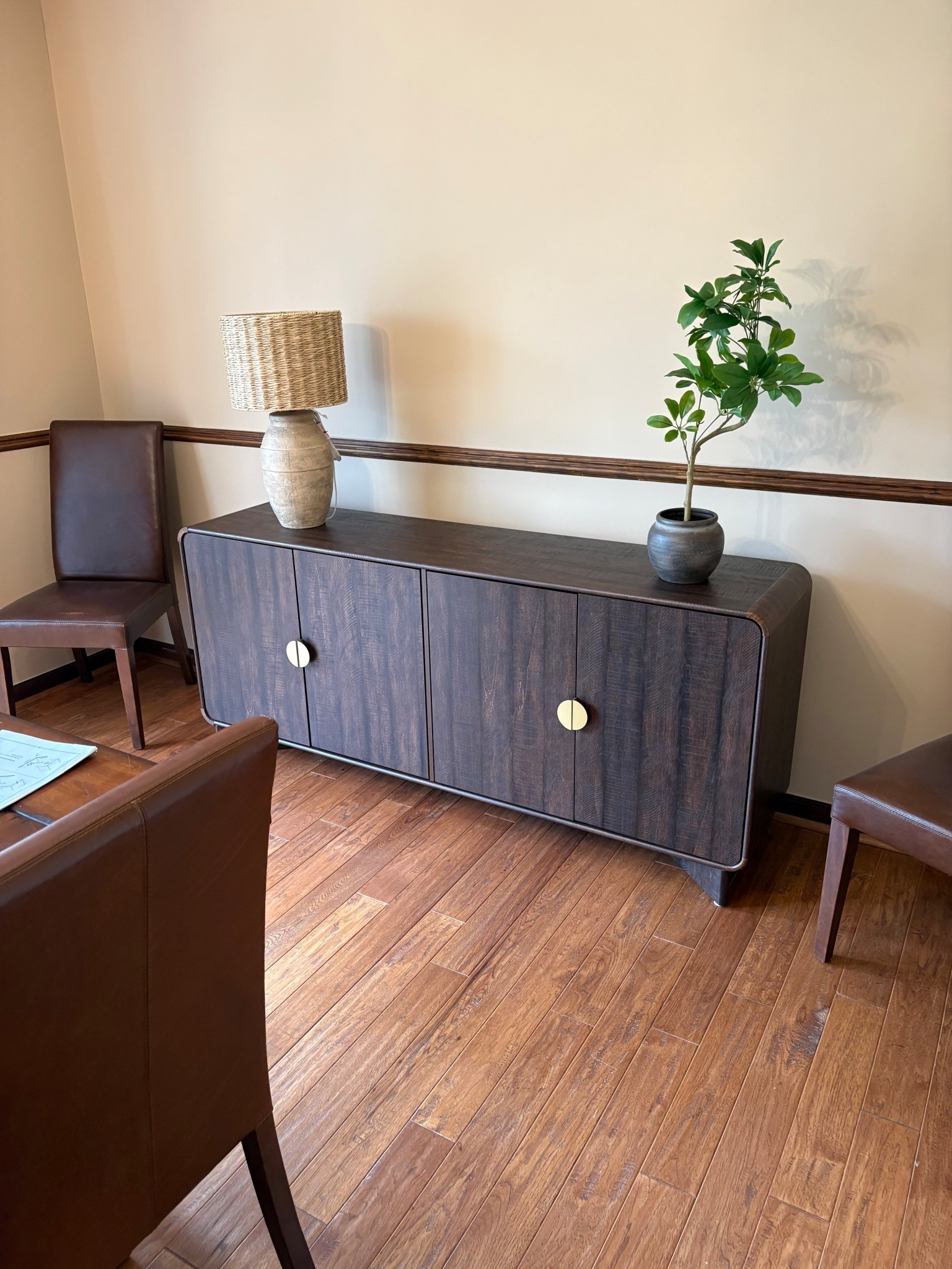 Re-doing our dinig room for a more zen feel. I love this cabinet! Yes, artwork is coming!
The cabinet had to be assembled (Wayfair has an optional professional assembly), but it is super sturdy. We got rid of our china cabinet & put all the china in here. 