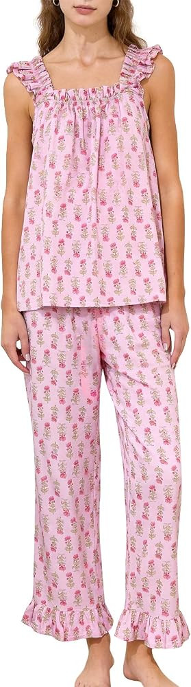 Kissonic Womens Ruffle Pajamas Set 2 Piece Cotton Sleeveless Tank Top and Long Pants Floral Pjs S... | Amazon (US)