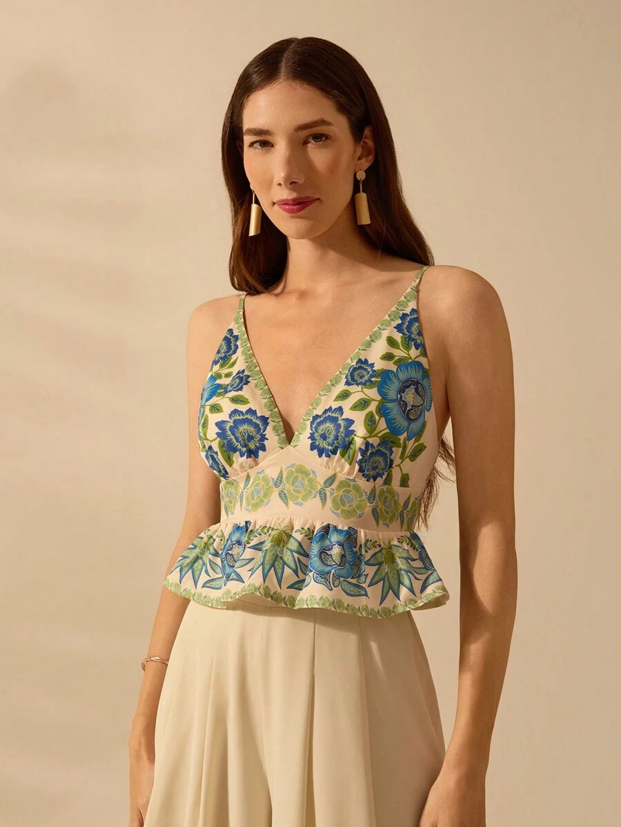 CAJUNI Women's Boho Colorful Tropical Floral Print Deep V-Neck Camisole, Sleeveless Cropped Beach... | SHEIN