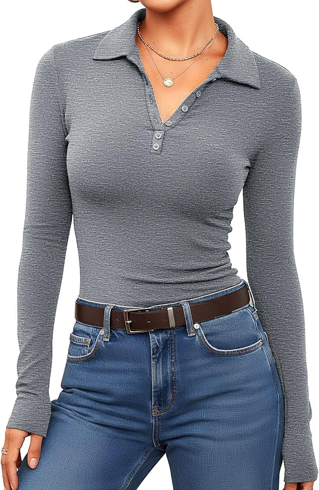 Prettywear V Neck Long Sleeve Shirts for Women Trendy Casual Fitted Collared Basic Cute Polo Tops... | Amazon (US)