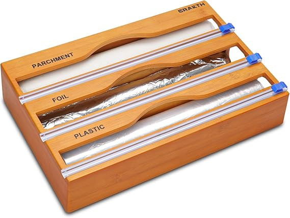 CRAKTH Bamboo Plastic Wrap Dispenser with Cutter, 3 in 1 Storage Organizer for Aluminum Foil & Cl... | Amazon (US)
