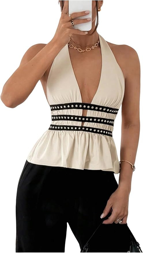 Verdusa Sexy Going Out Tops for Women Y2k Beaded Halter Tops Ruffle Deep V Neck Sleeveless Clubwe... | Amazon (US)
