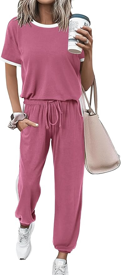 MASCOMODA Womens 2 Piece Outfits 2024 Summer Jogger Lounge Set Short Sleeve Tops Long Pants Casua... | Amazon (US)