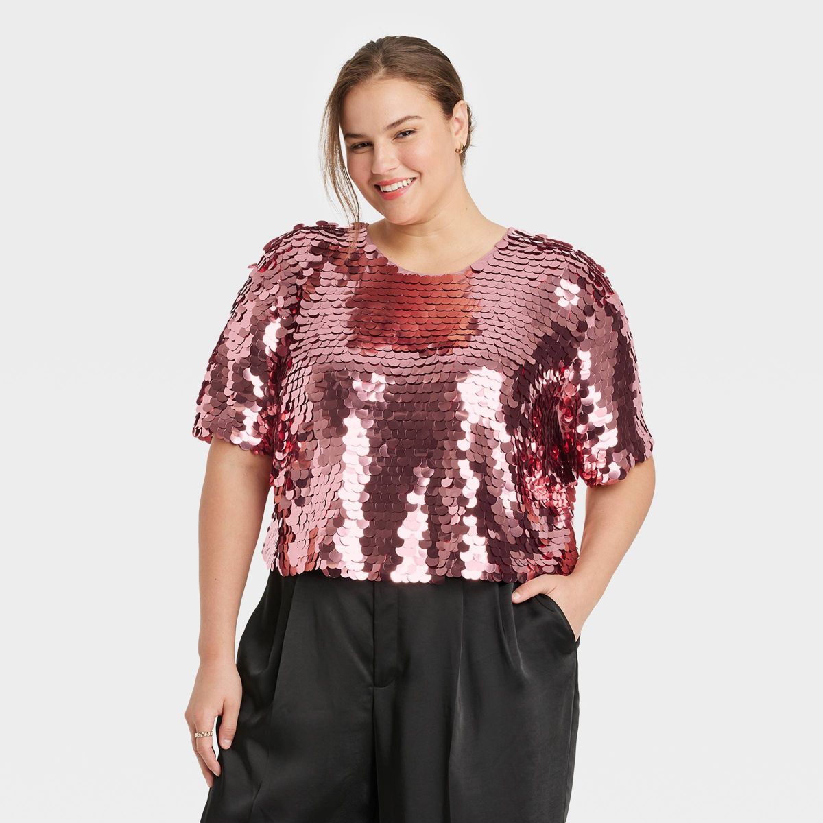 Women's Short Sleeve Paillettes - A New Day™ Pink XXL | Target