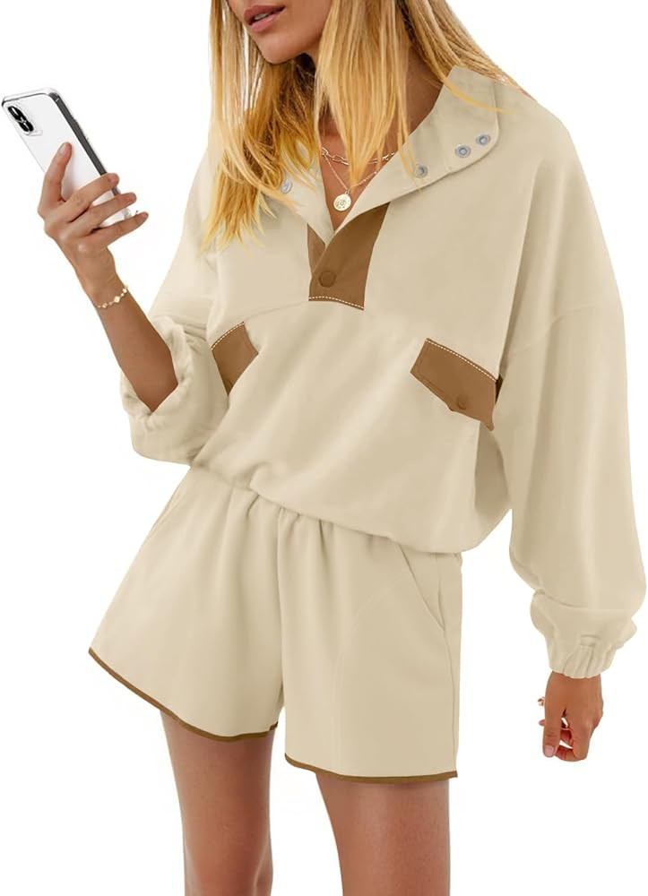 Fisoew Womens 2 Piece Sets Sweatsuits Casual Half Button Color Block Sweatshirts Running Shorts T... | Amazon (US)