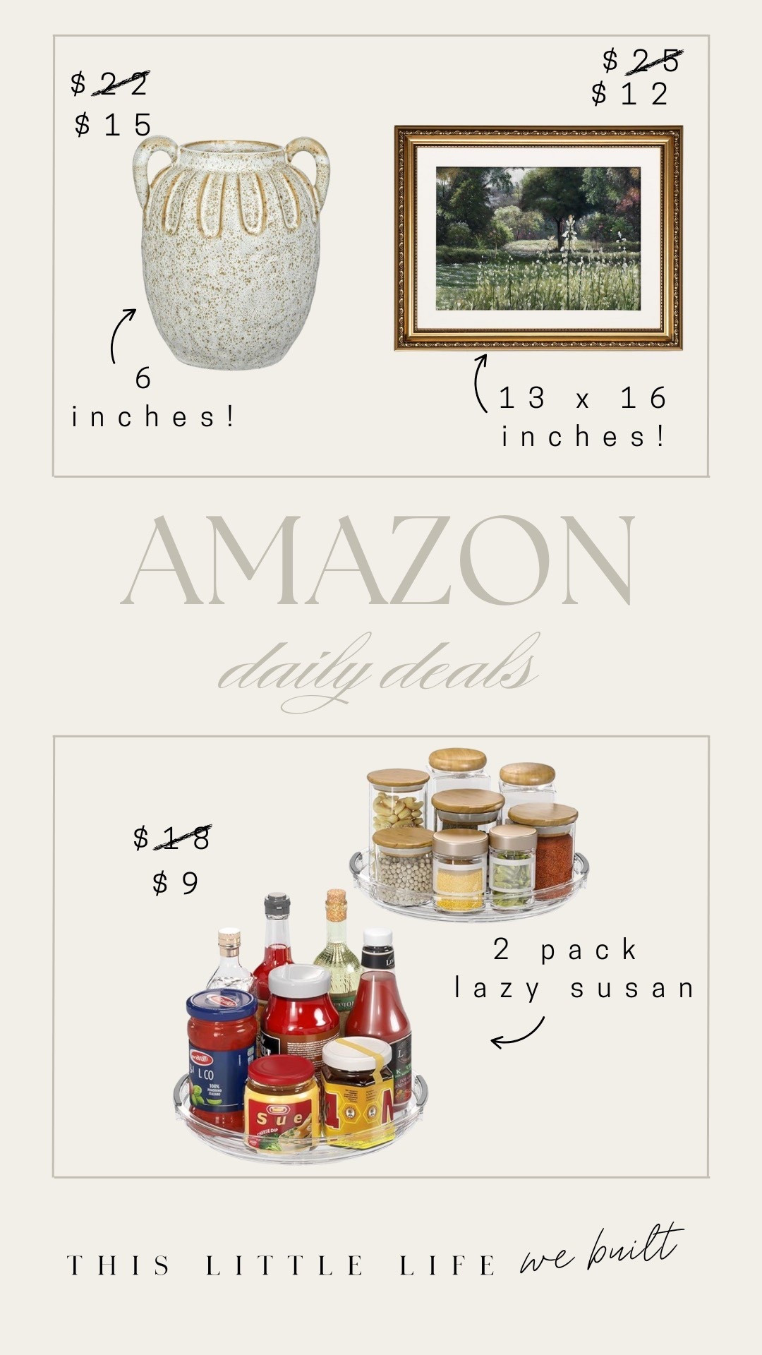 Amazon daily deals! 


Framed wall art, lazy Susan, vase, Amazon daily deals, home finds, affordable home, gift ideas 

#LTKHome #LTKSaleAlert #LTKFindsUnder50