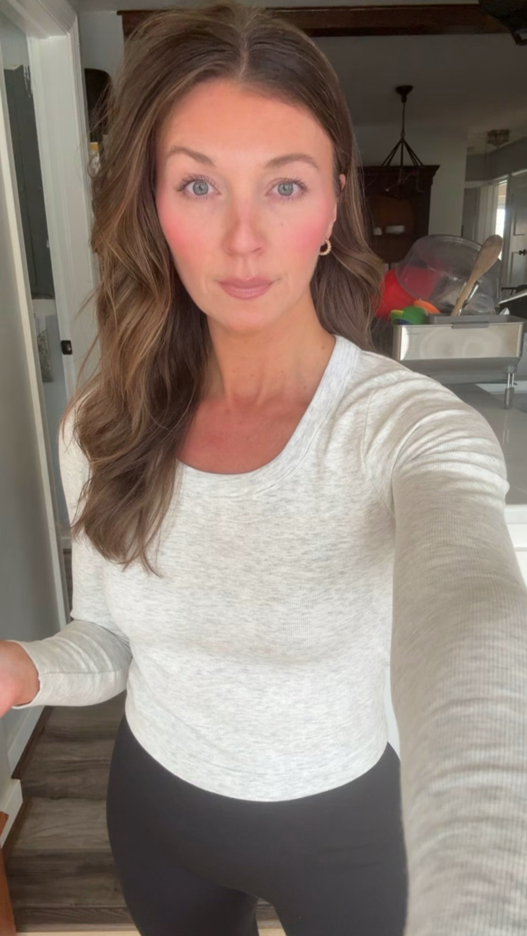 So impressed with these under $10 ribbed long sleeves! They are stretchy and soft. They remind me of Aerie but a fraction of the price. Come in grey and black! They hit shorter/more cropped but don’t show your stomach. I’m in a medium!
