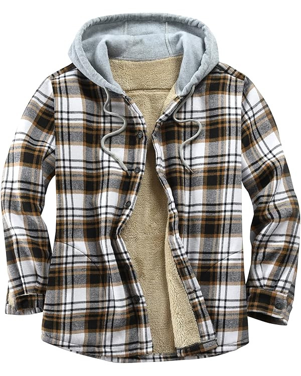 Men's Cotton Plaid Shirts Jacket Fleece Lined Flannel Shirts Sherpa Button Down Jackets with Hood... | Amazon (US)