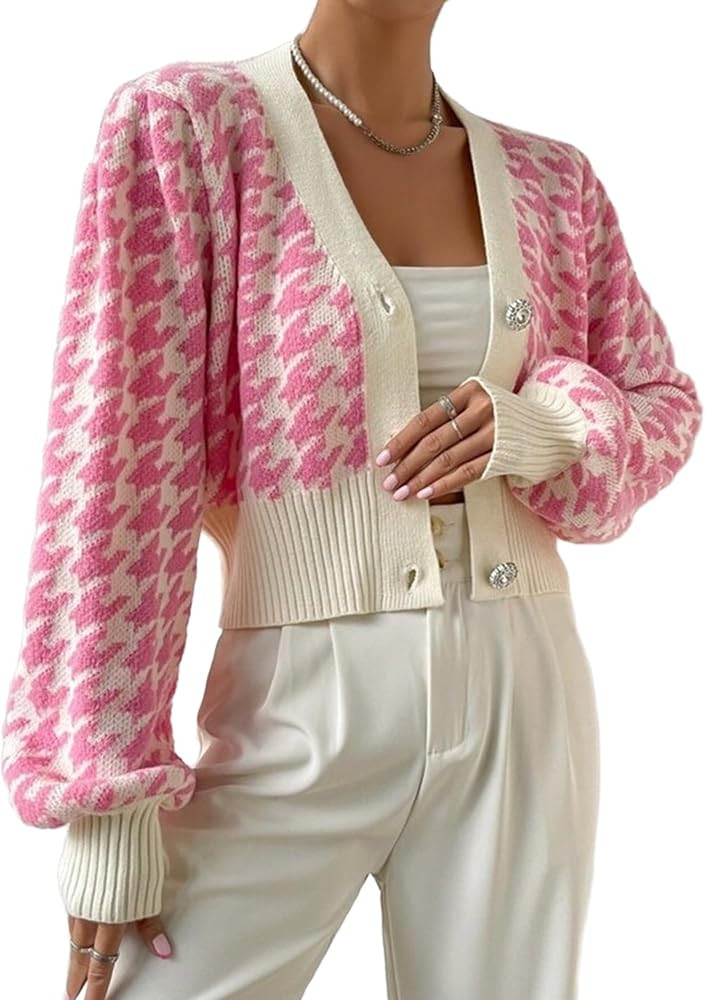 Womens Houndstooth Cardigan Sweater V Neck Open Front Long Sleeve Casual Loose Knit Button Down S... | Amazon (US)