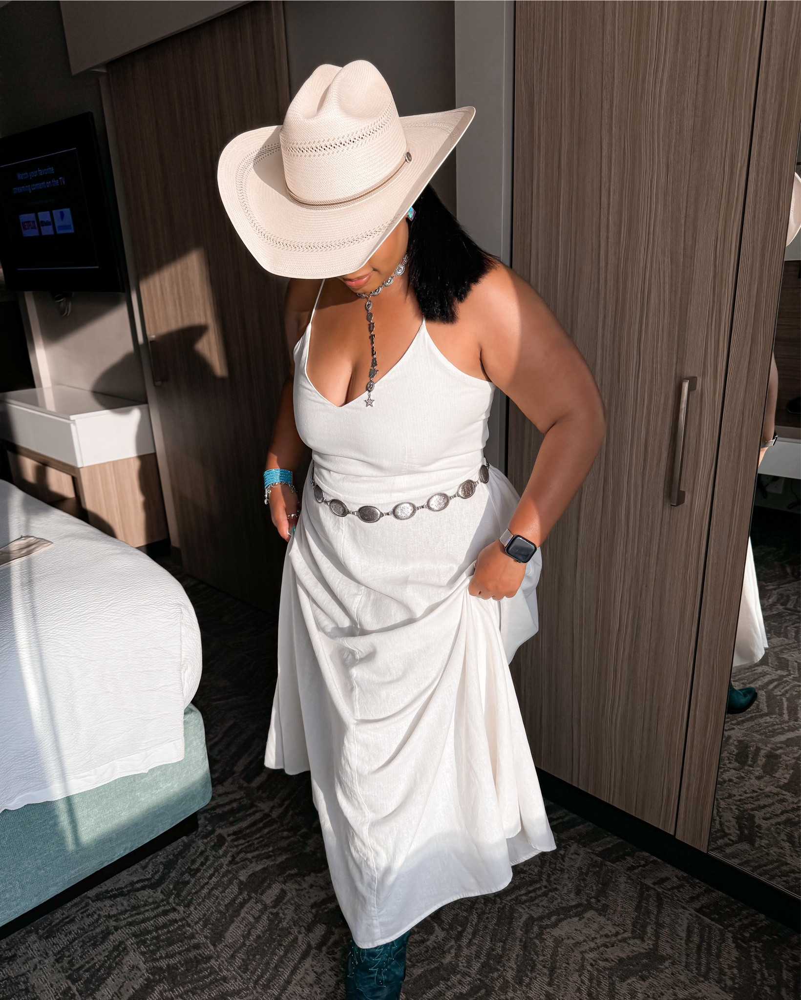 Linen dress, denim vest, conch belt, drop necklace, wide calf boots , straw cowboy hat 

#LTKStyleTip #LTKMidsize
