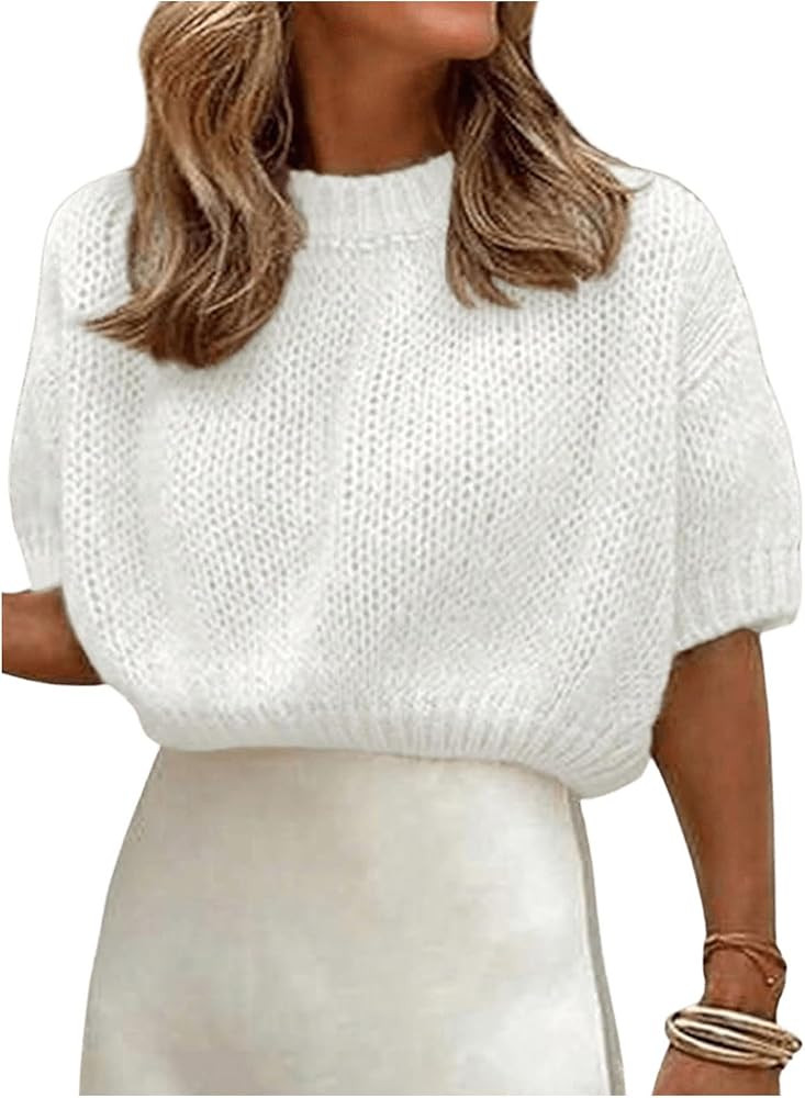 GORGLITTER Women's Short Puff Sleeve Cropped Sweater Tops Cute Chunky Fall Fashion Knit Pullover ... | Amazon (US)