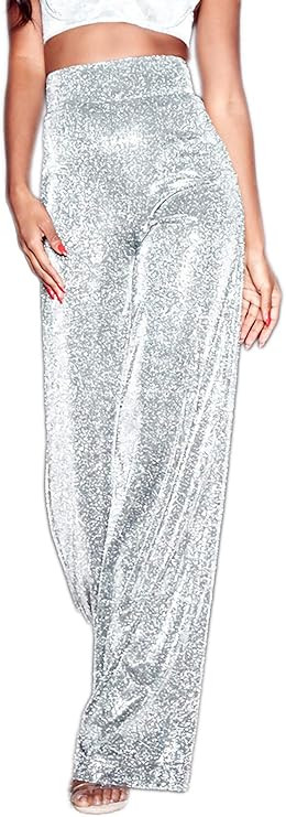 Velius Women's Sexy Metallic Sparkly Wide Leg Pants Trousers Clubwear (Large, Silver) at Amazon W... | Amazon (US)