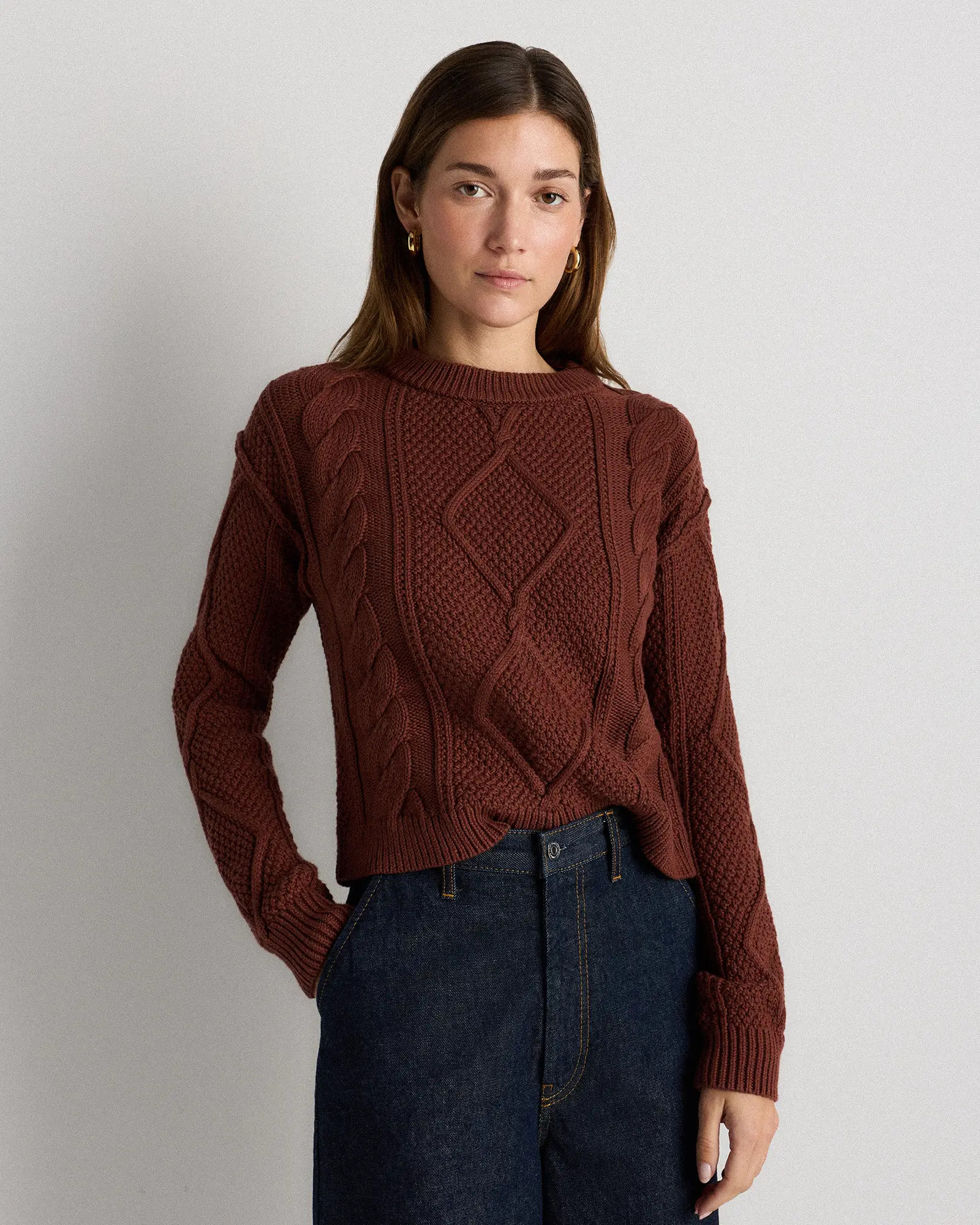 100% Organic Cotton Cropped Cable Sweater in Redwood Brown | Quince