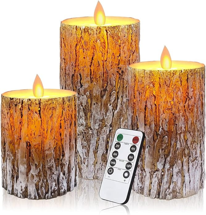 Pine Bark LED Flameless Pillar Candles Battery Operated with Flickering Warm Yellow Light Moving ... | Amazon (US)