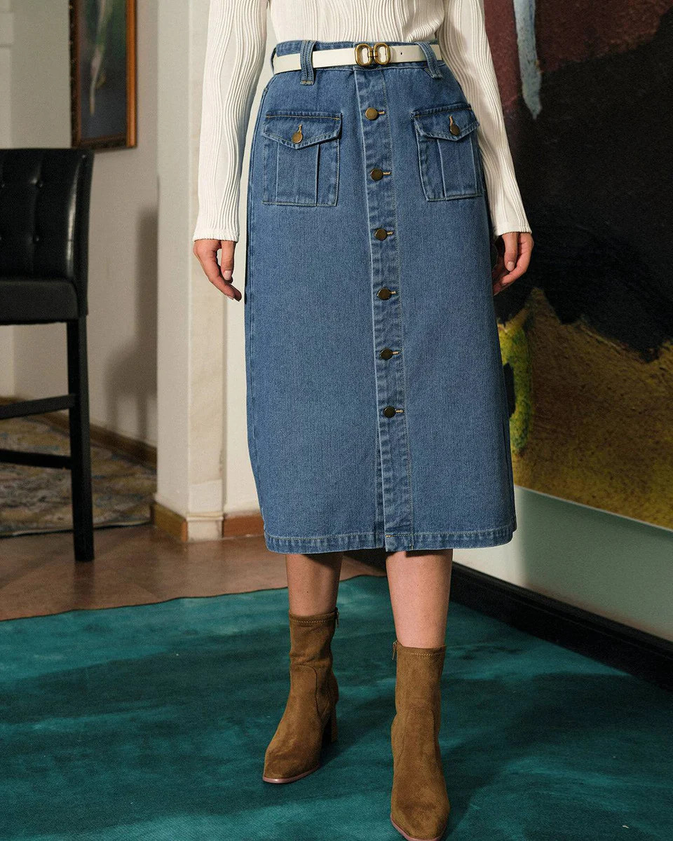 The Button-Front Denim Skirt & Reviews - Blue - Denim | RIHOAS | rihoas.com