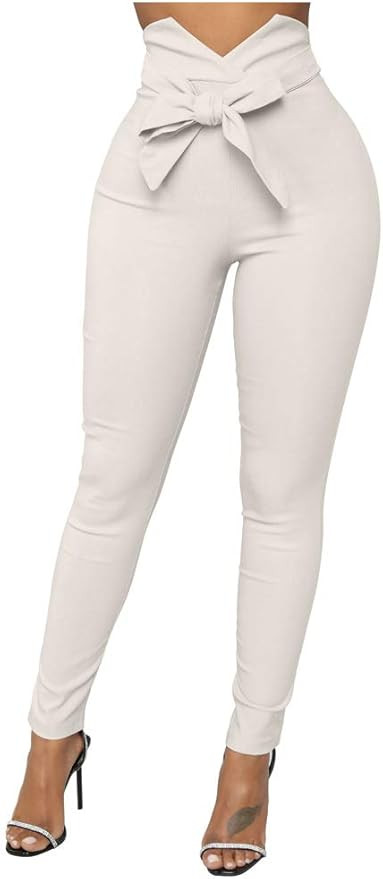 XXTAXN Women's Casual High Waist Stretch Trousers Solid Pencil Pants with Tie | Amazon (US)