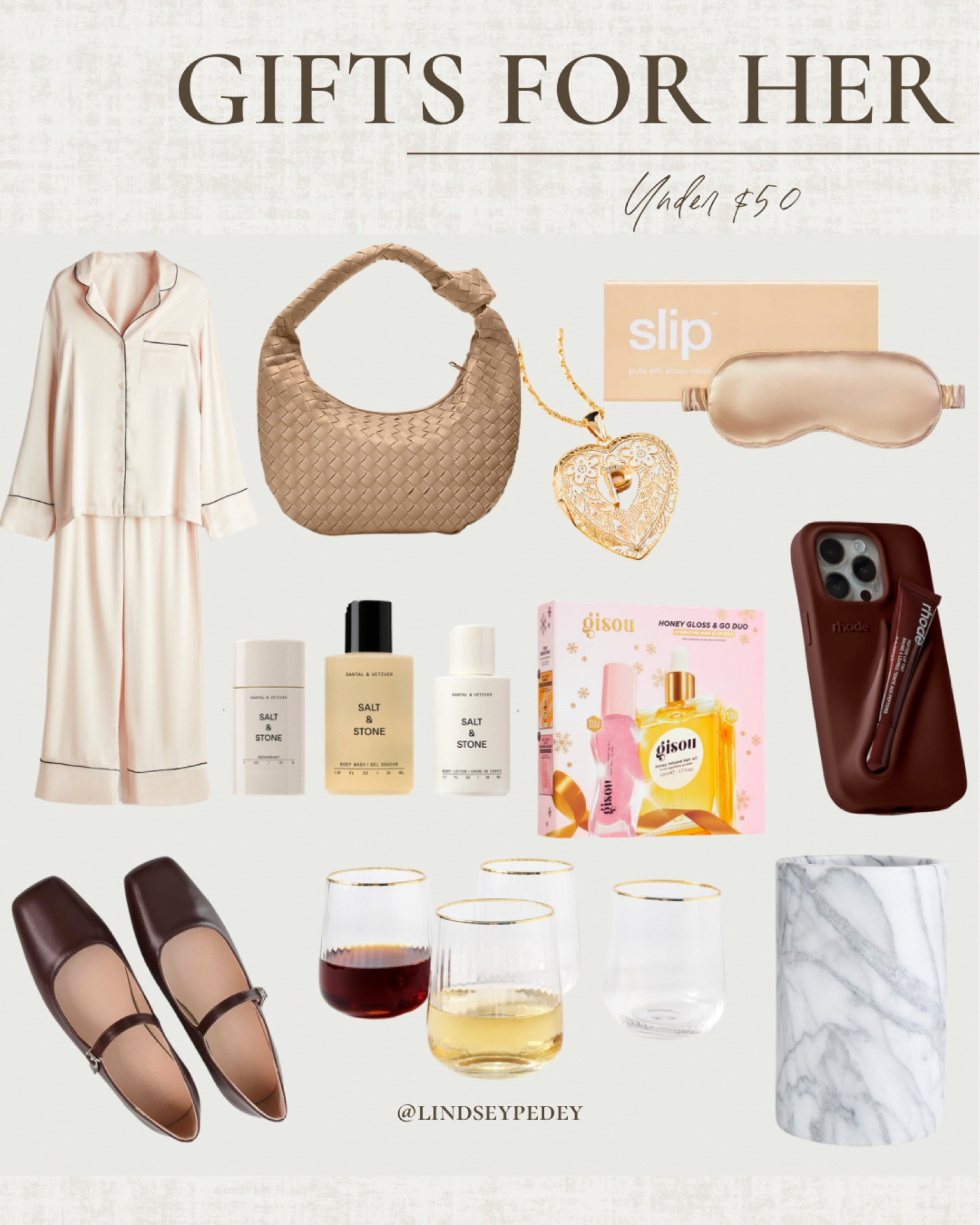 GIFTS FOR HER- Under $50

Sharing another great gift guide of things under $50 for her!

Pajamas, handbag, Rhodes lip balm phone case, salt and stone mini trio, chocolate brown ballet flats, satin eye mask, wine glasses wine bottle chiller, heart locket necklace, gisou honey gloss duo



#LTKHoliday #LTKFindsUnder50 #LTKGiftGuide