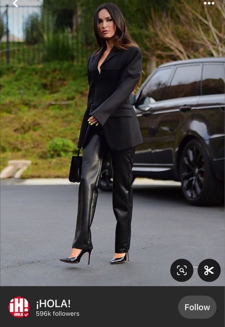 Inspired by Megan Fox, shop this sleek, chic workwear 🖤 Faux Learjer pants, Christian Louboutin Patent Heels, a black blazer, and a black handbag. #TheBanannieDiaries 

*i do not own this photo 

#LTKshoecrush #LTKworkwear #LTKstyletip