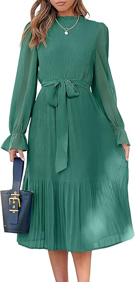 ANRABESS Women's Floral Midi Dress Puff Long Sleeve Ruffle Trim Smocked A-line Pleated Swing Chiffon Dresses with Belt | Amazon (US)